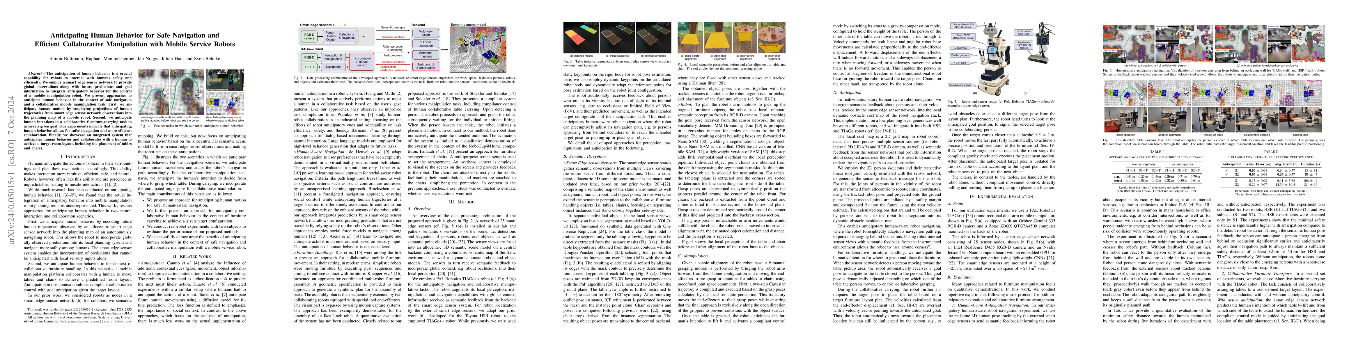 Thumbnail for Anticipating Human Behavior for Safe Navigation and Efficient
  Collaborative Manipulation with Mobile Service Robots