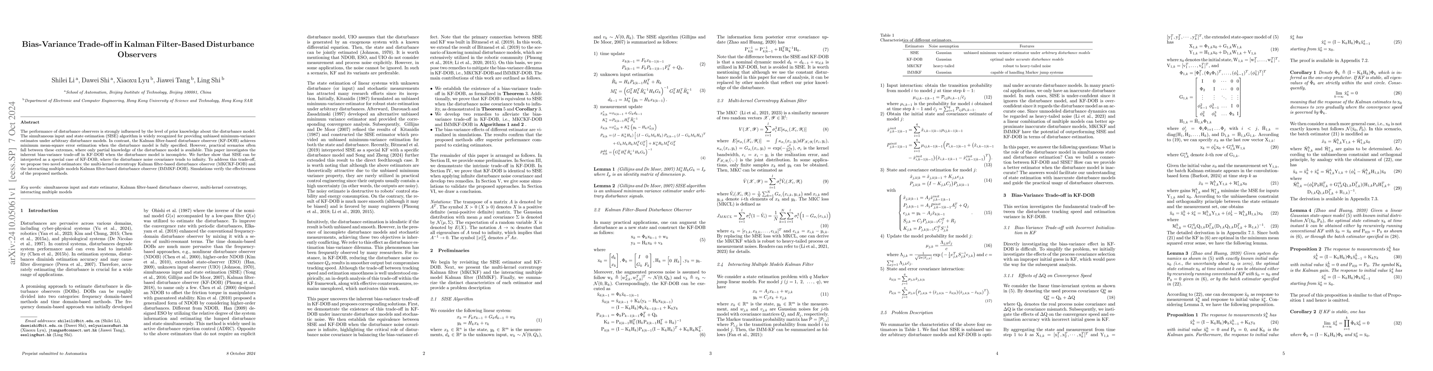 Thumbnail for Bias-VarianceTrade-off in Kalman Filter-Based Disturbance Observers