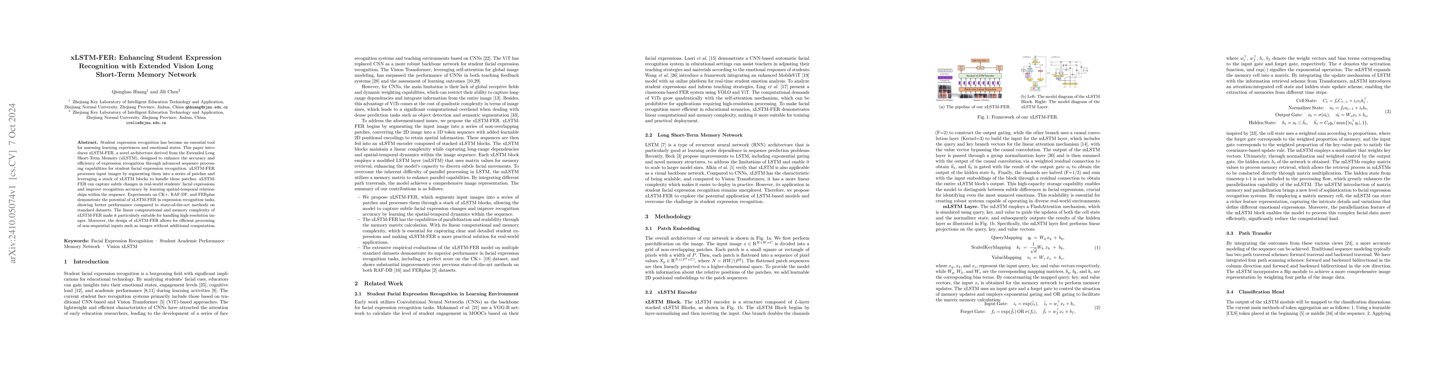 Thumbnail for xLSTM-FER: Enhancing Student Expression Recognition with Extended Vision
  Long Short-Term Memory Network