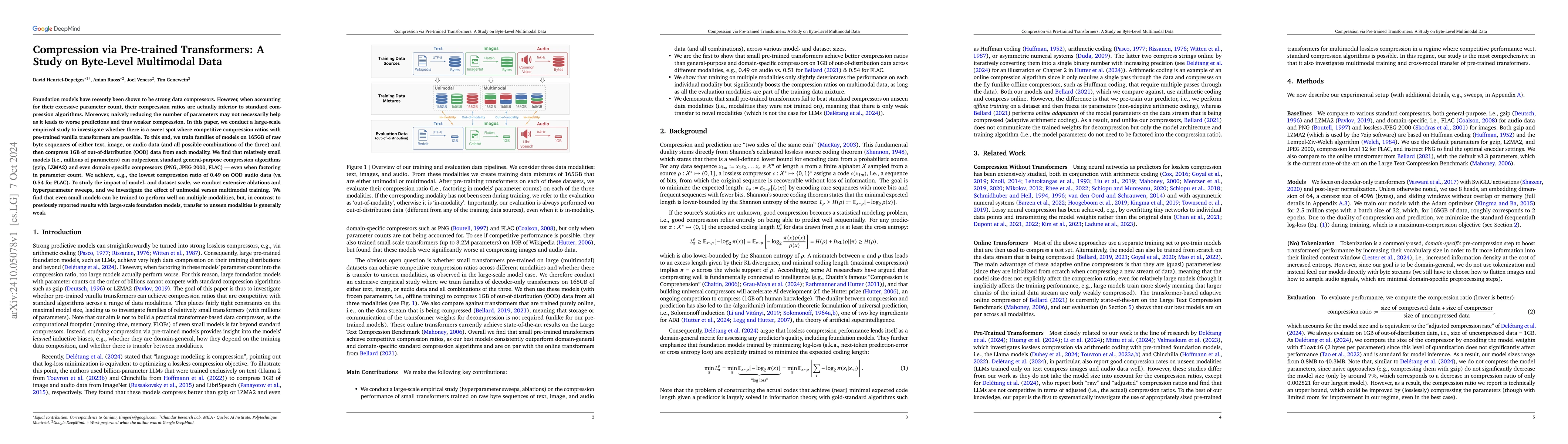 Thumbnail for Compression via Pre-trained Transformers: A Study on Byte-Level
  Multimodal Data