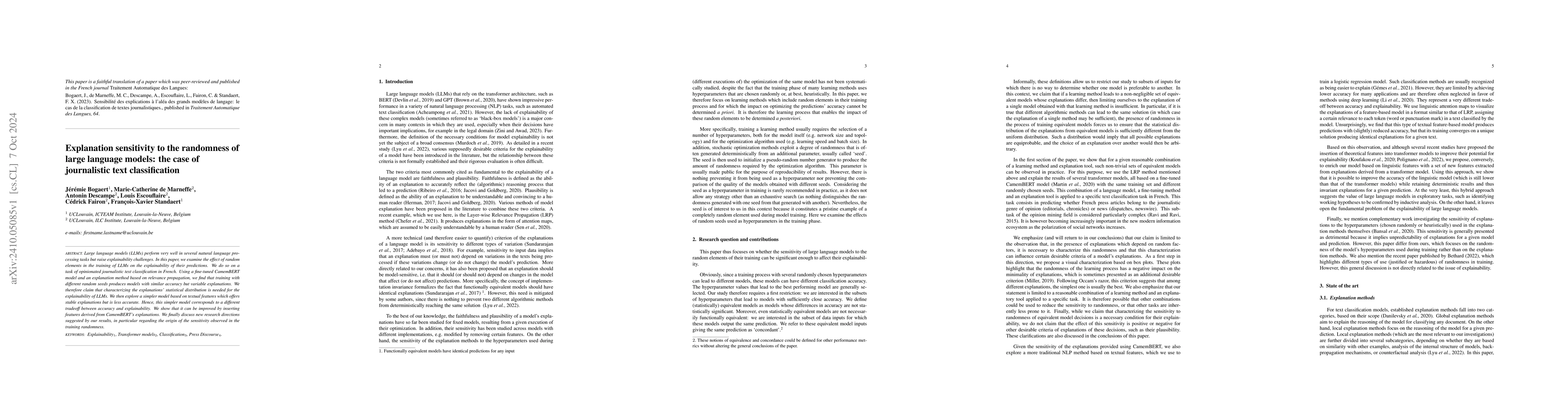 Thumbnail for Explanation sensitivity to the randomness of large language models: the
  case of journalistic text classification