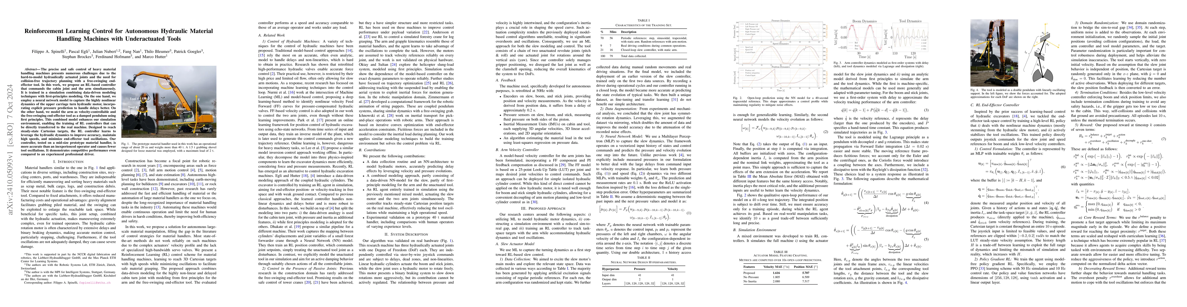 Thumbnail for Reinforcement Learning Control for Autonomous Hydraulic Material
  Handling Machines with Underactuated Tools
