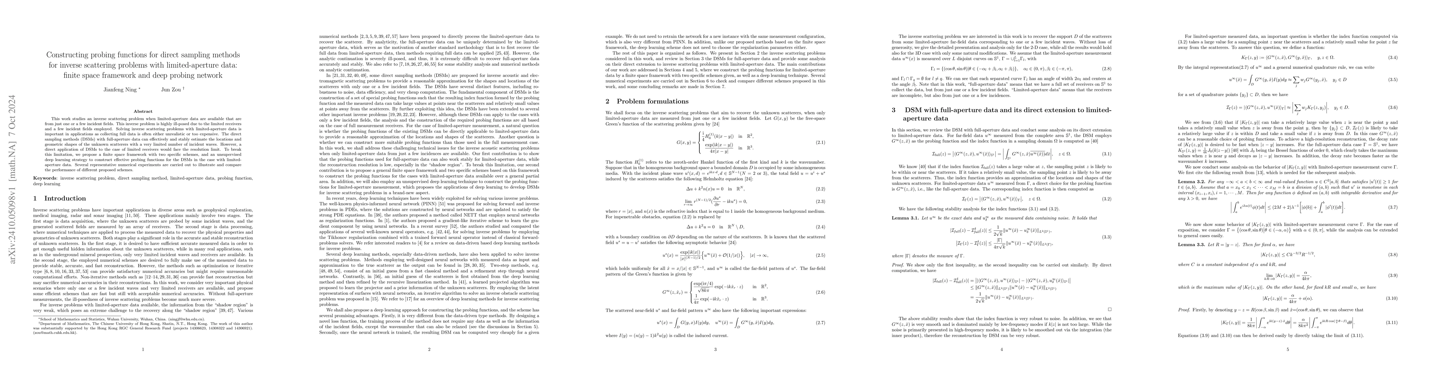 Thumbnail for Constructing probing functions for direct sampling methods for inverse
  scattering problems with limited-aperture data: finite space framework and
  deep probing network