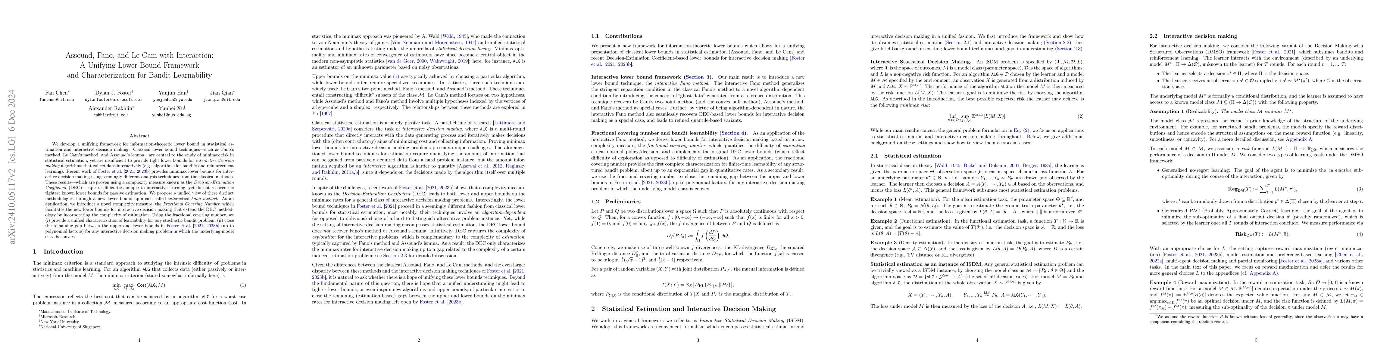 Thumbnail for Assouad, Fano, and Le Cam with Interaction: A Unifying Lower Bound
  Framework and Characterization for Bandit Learnability