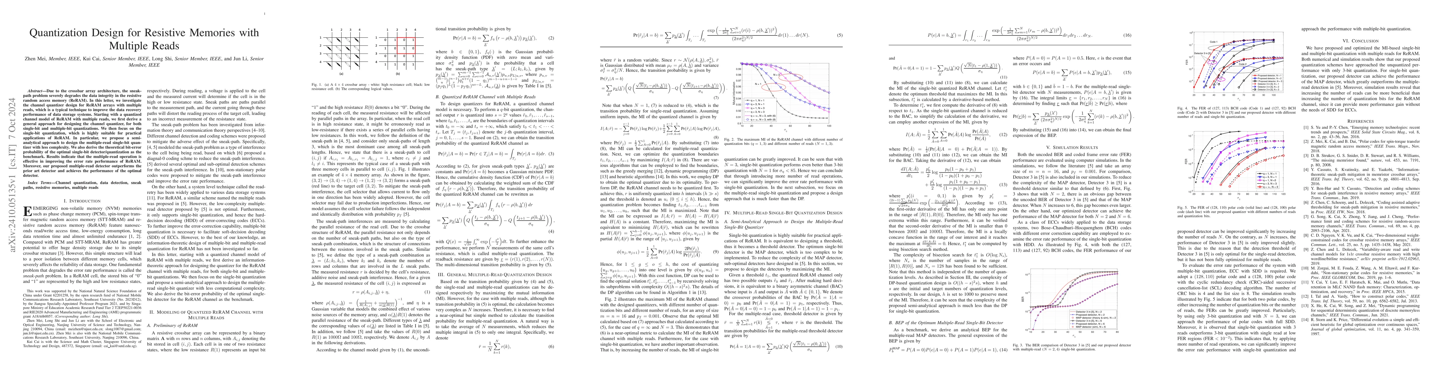 Thumbnail for Quantization Design for Resistive Memories With Multiple Reads