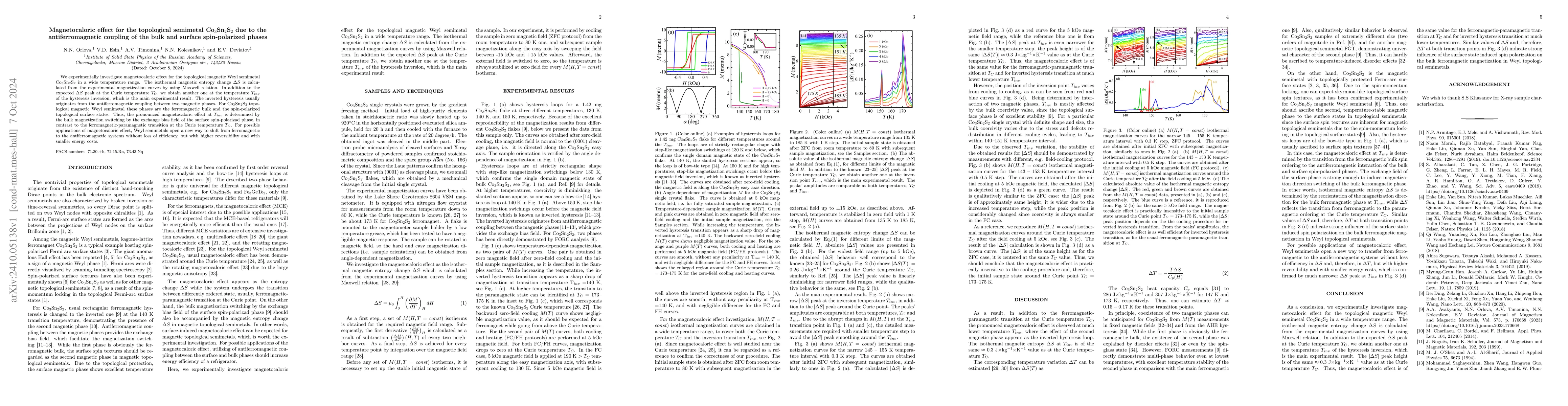Thumbnail for Magnetocaloric effect for the topological semimetal Co$_3$Sn$_2$S$_2$
  due to the antiferromagnetic coupling of the bulk and surface spin-polarized
  phases