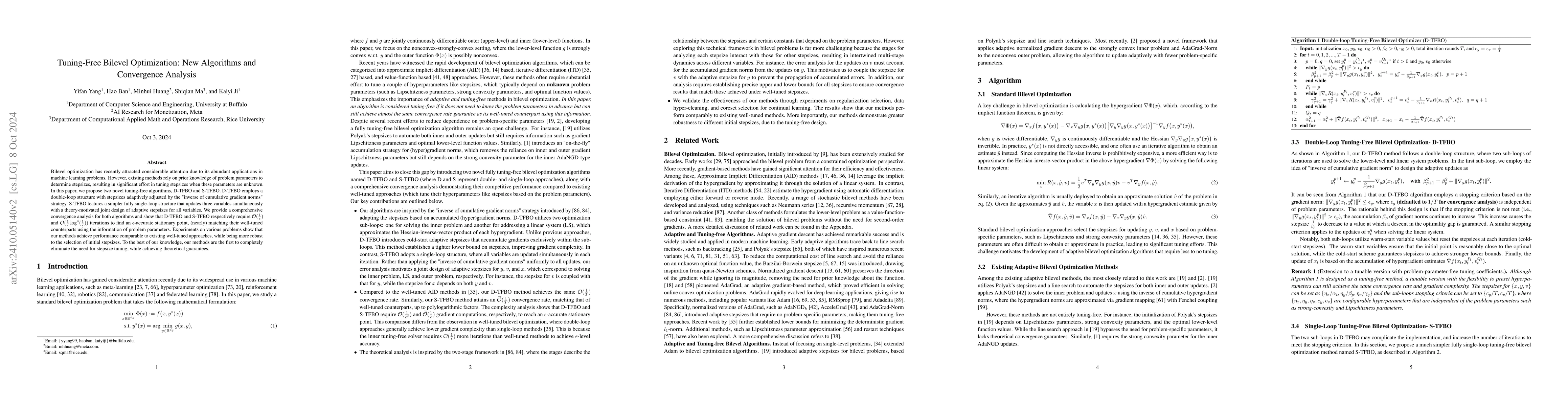 Thumbnail for Tuning-Free Bilevel Optimization: New Algorithms and Convergence
  Analysis