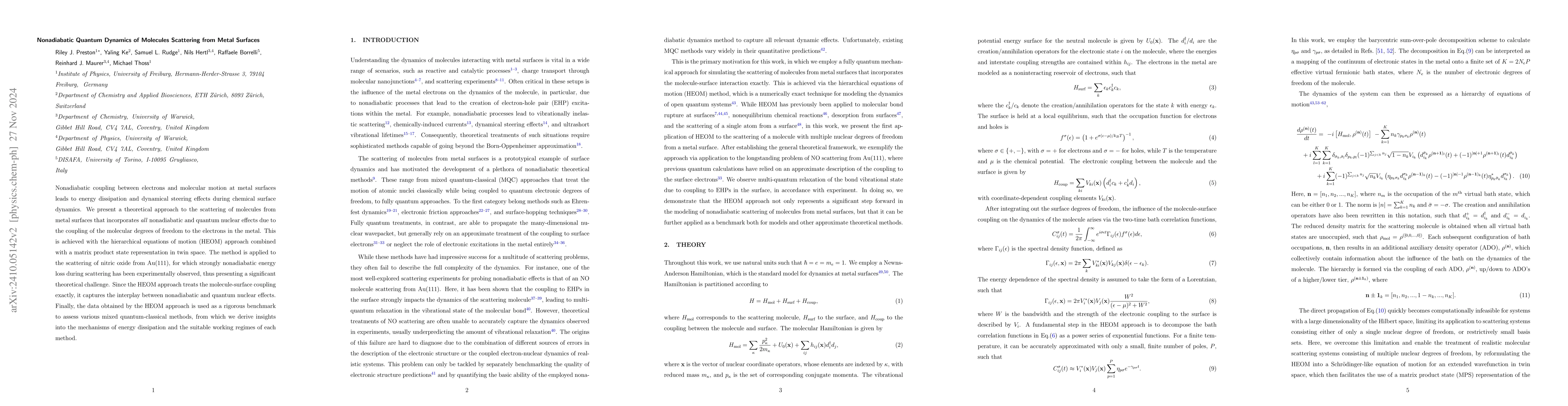 Thumbnail for Nonadiabatic Quantum Dynamics of Molecules Scattering from Metal
  Surfaces