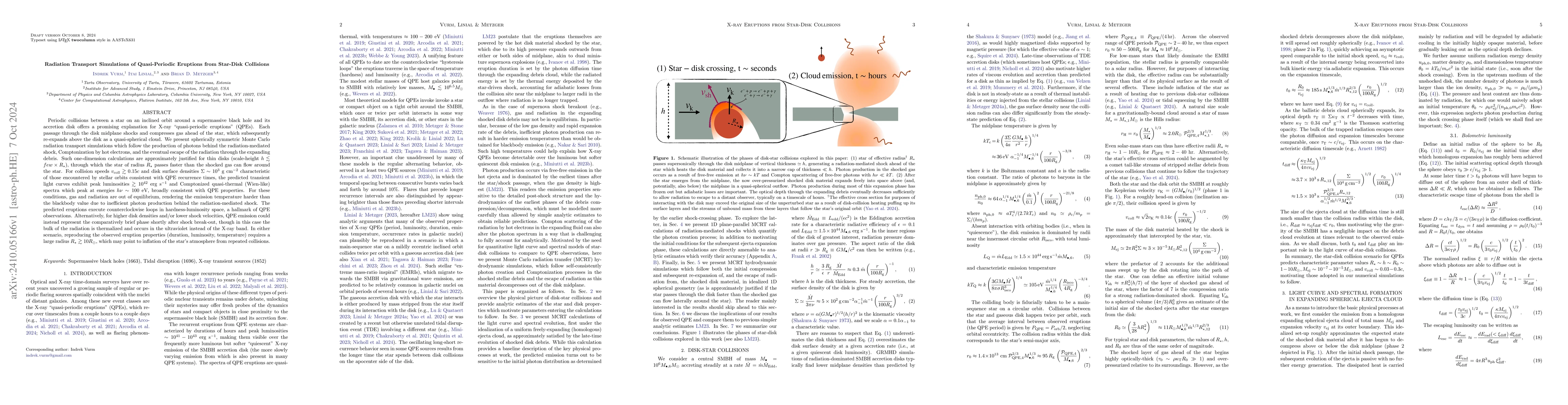 Thumbnail for Radiation Transport Simulations of Quasi-Periodic Eruptions from
  Star-Disk Collisions
