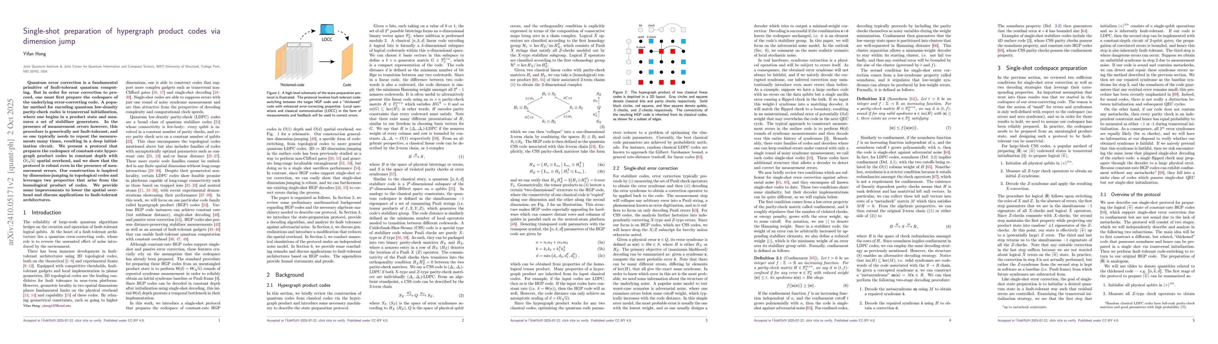 Thumbnail for Single-shot preparation of hypergraph product codes via dimension jump