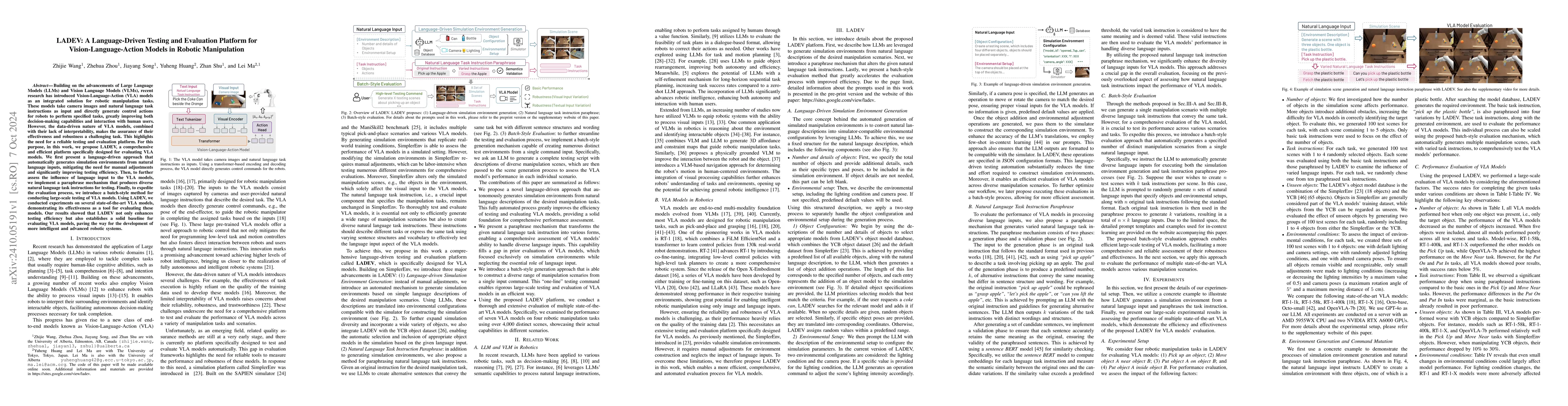 Thumbnail for LADEV: A Language-Driven Testing and Evaluation Platform for
  Vision-Language-Action Models in Robotic Manipulation