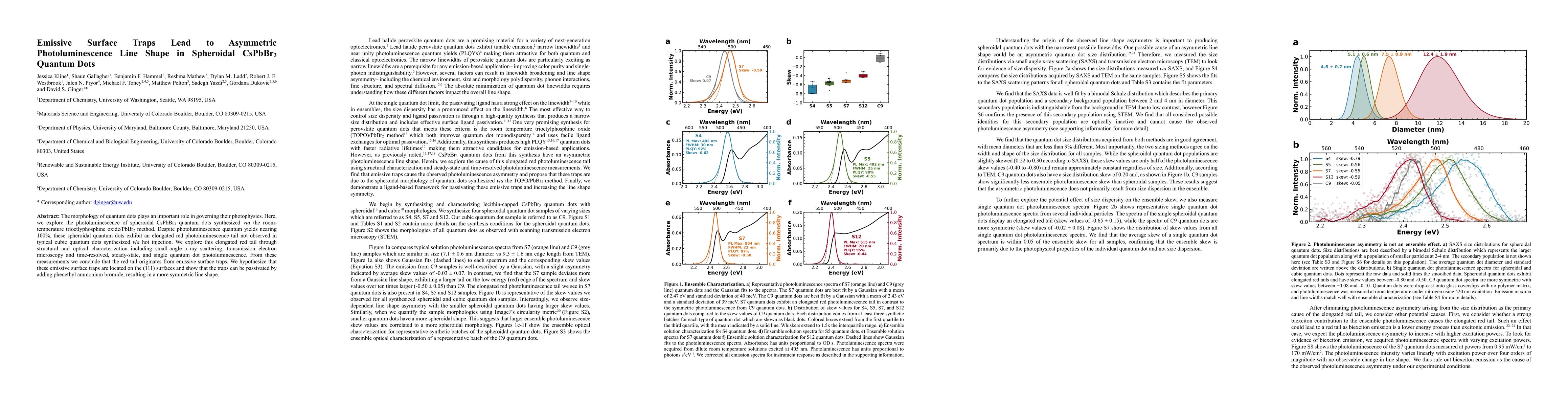 Thumbnail for Emissive Surface Traps Lead to Asymmetric Photoluminescence Line Shape
  in Spheroidal CsPbBr3 Quantum Dots