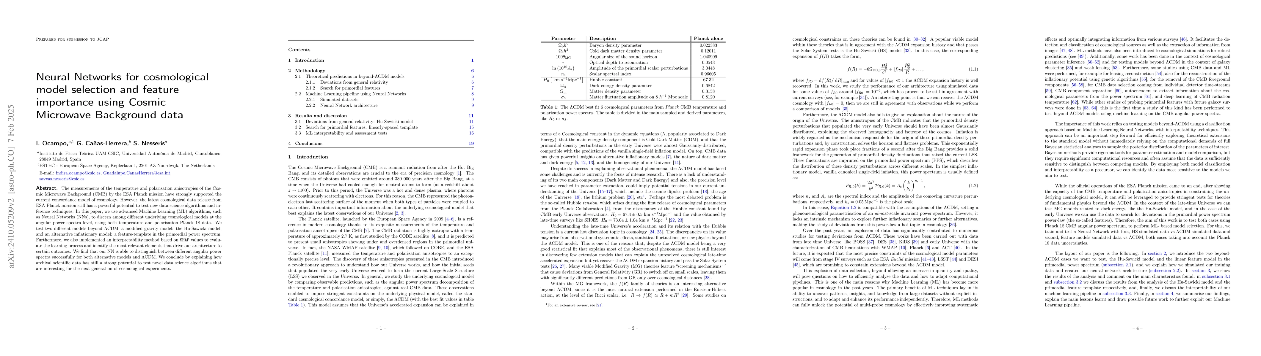 Thumbnail for Neural Networks for cosmological model selection and feature importance
  using Cosmic Microwave Background data