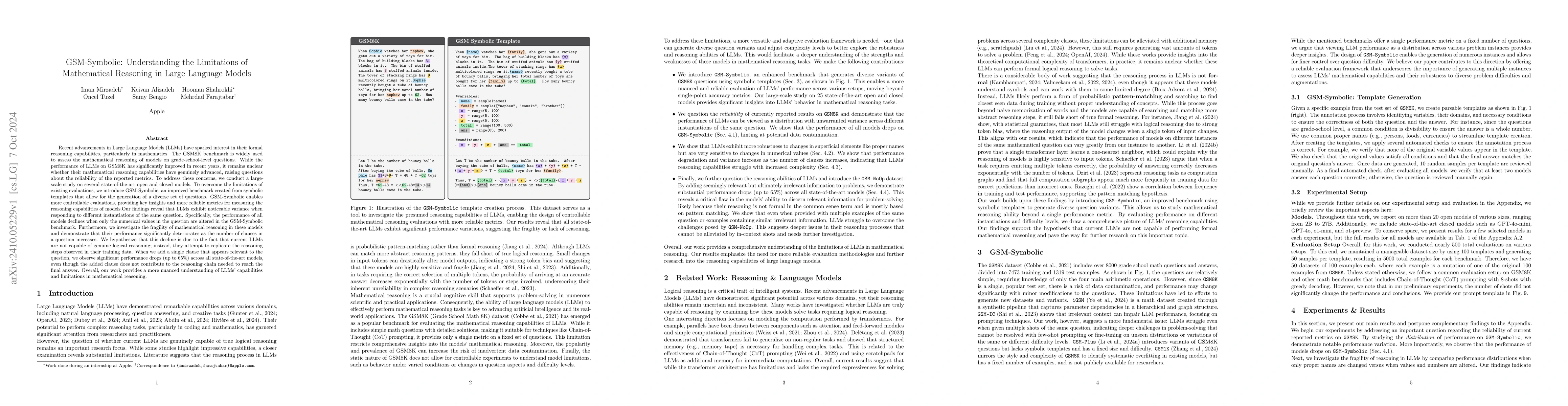 Thumbnail for GSM-Symbolic: Understanding the Limitations of Mathematical Reasoning in
  Large Language Models