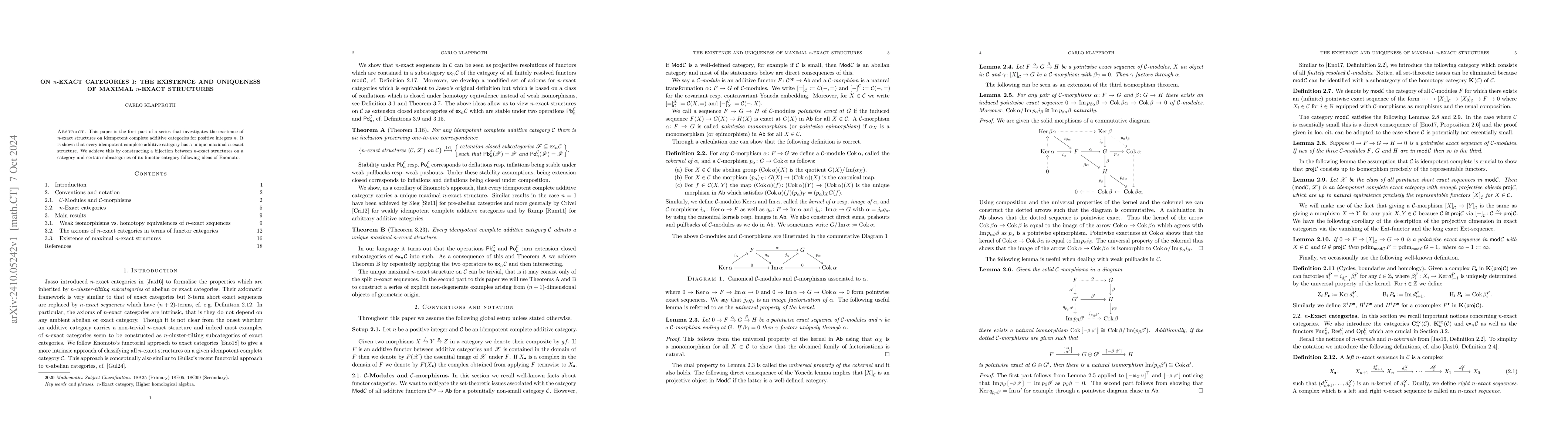 Thumbnail for On $n$-exact categories I: The existence and uniqueness of maximal
  $n$-exact structures