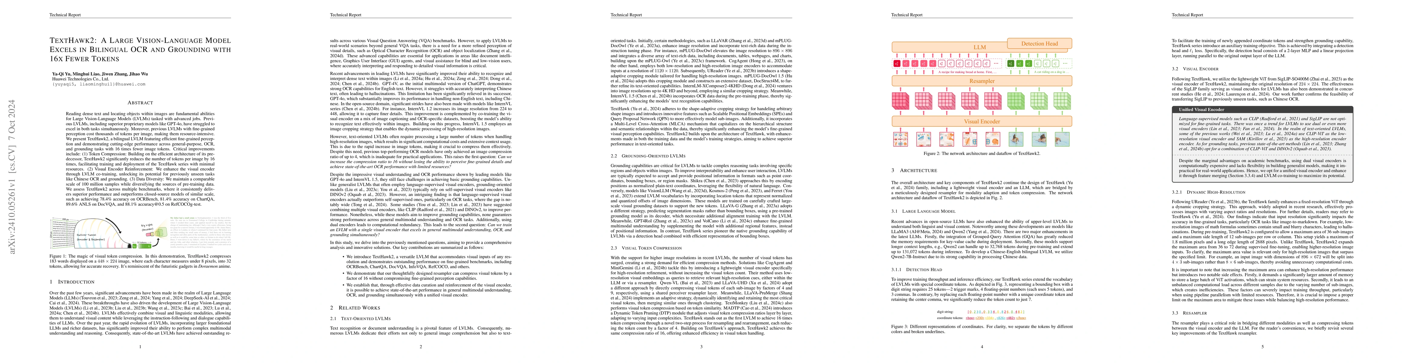 Thumbnail for TextHawk2: A Large Vision-Language Model Excels in Bilingual OCR and
  Grounding with 16x Fewer Tokens
