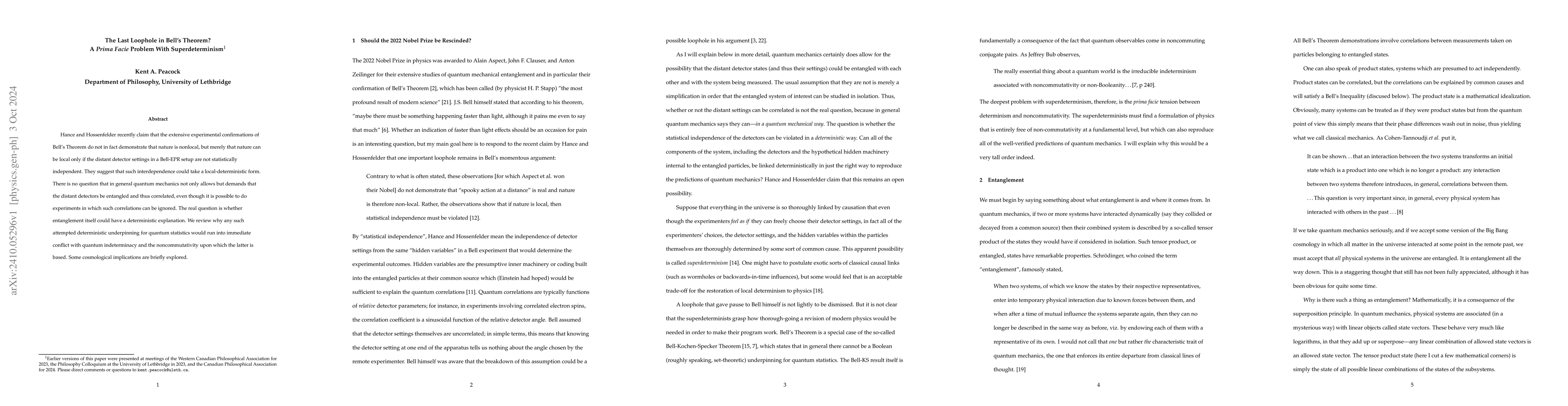 Thumbnail for The Last Loophole in Bell's Theorem? A prima facie problem with
  superdeterminism