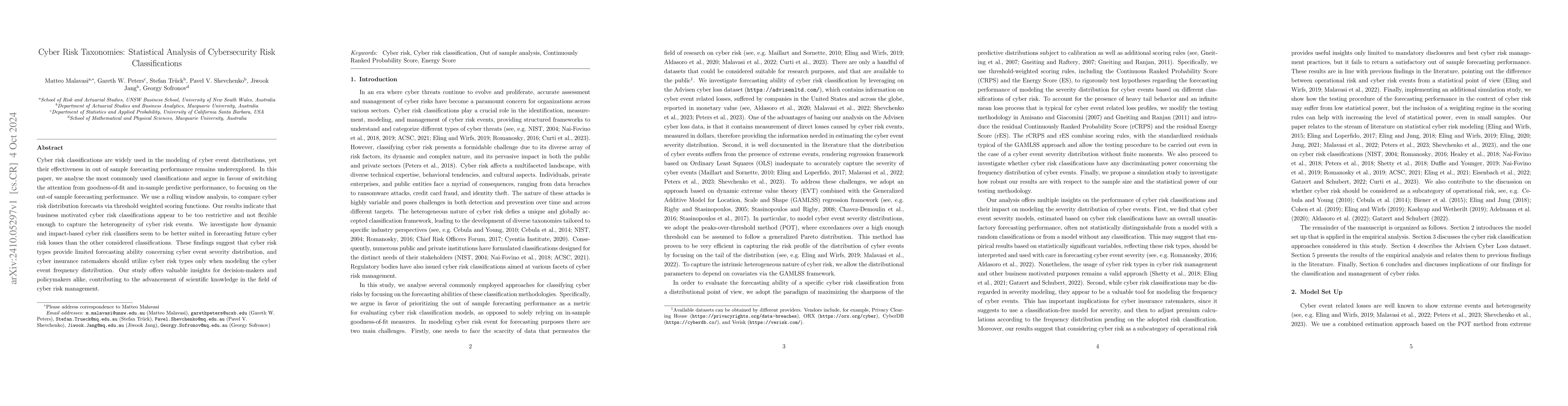 Thumbnail for Cyber Risk Taxonomies: Statistical Analysis of Cybersecurity Risk
  Classifications