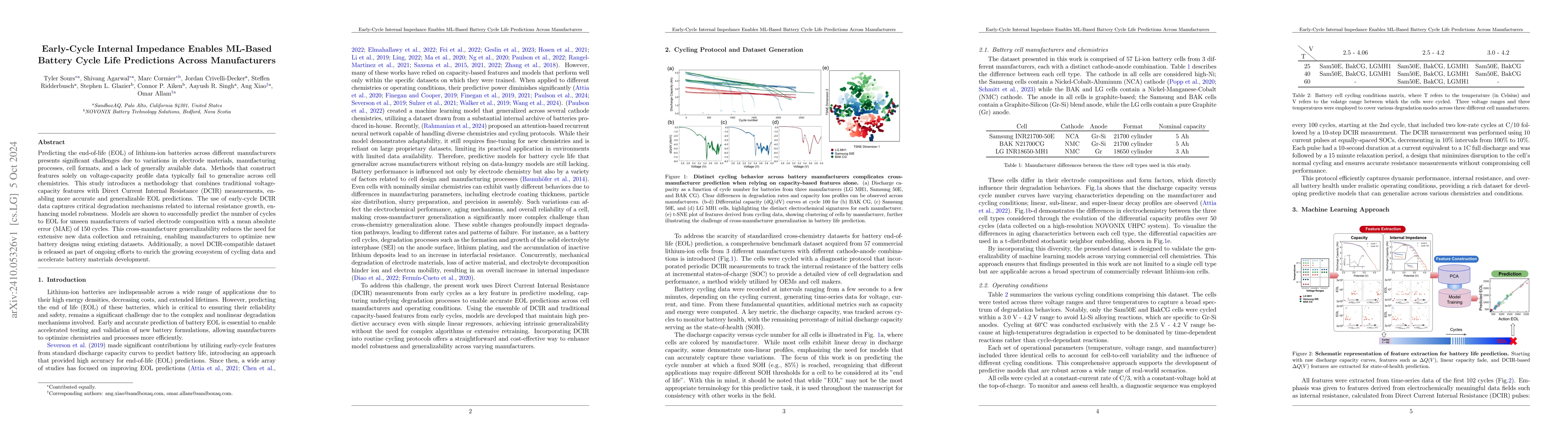 Thumbnail for Early-Cycle Internal Impedance Enables ML-Based Battery Cycle Life
  Predictions Across Manufacturers