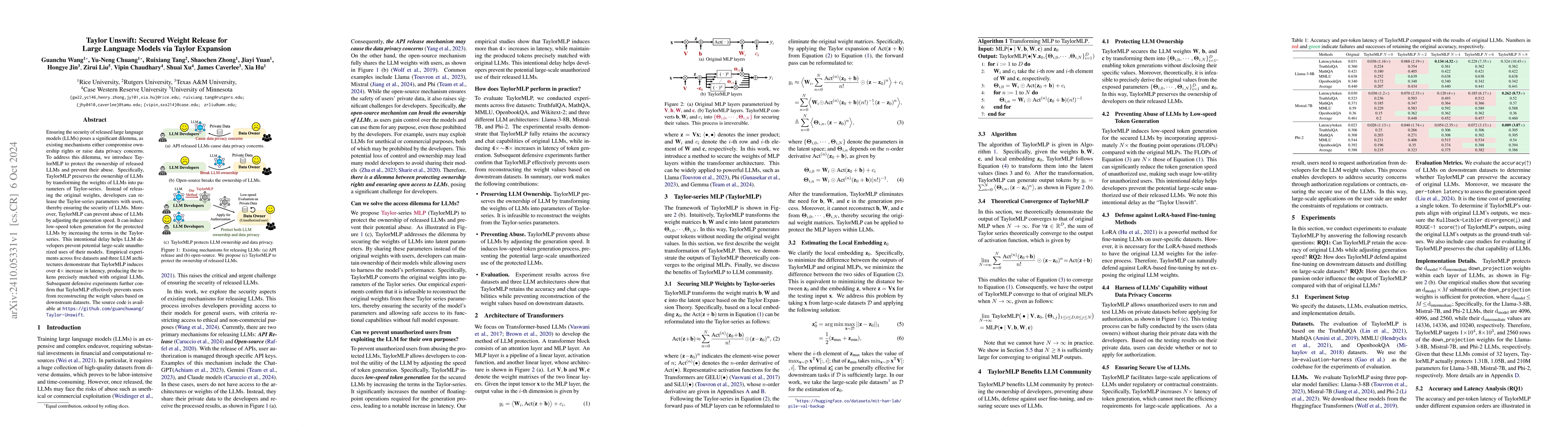 Thumbnail for Taylor Unswift: Secured Weight Release for Large Language Models via
  Taylor Expansion