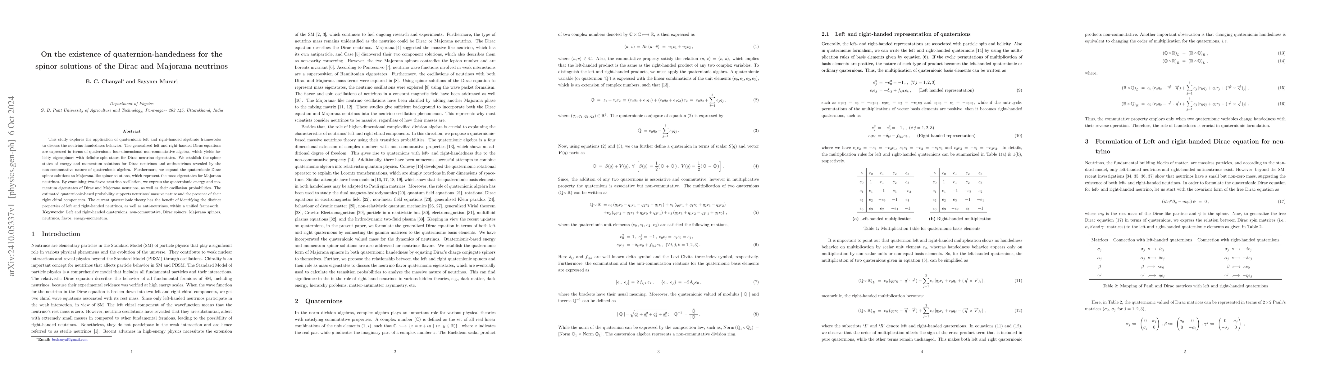 Thumbnail for On the existence of quaternion-handedness for the spinor solutions of
  the Dirac and Majorana neutrinos