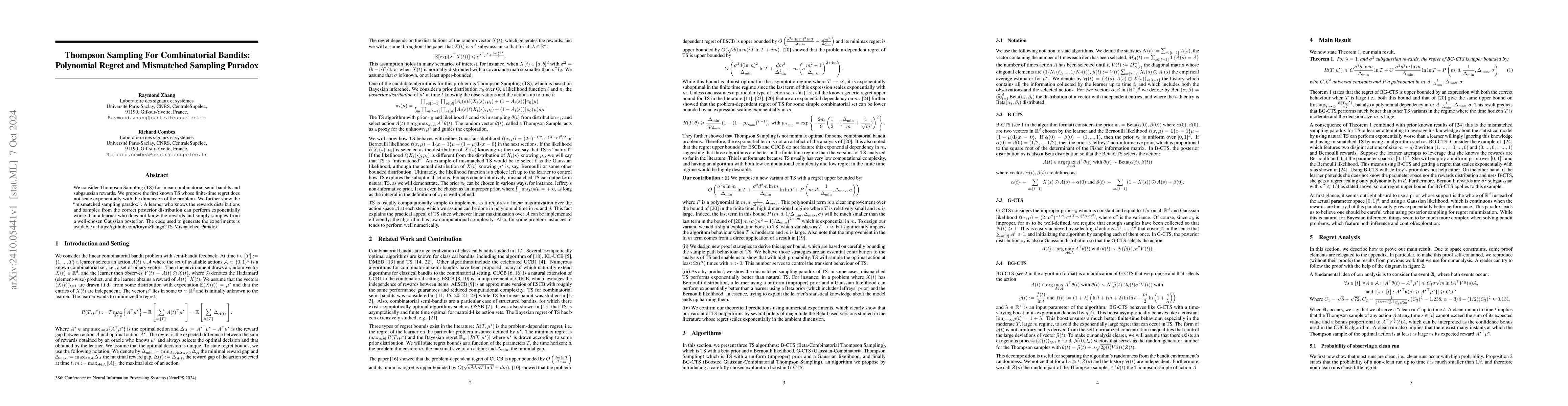 Thumbnail for Thompson Sampling For Combinatorial Bandits: Polynomial Regret and
  Mismatched Sampling Paradox