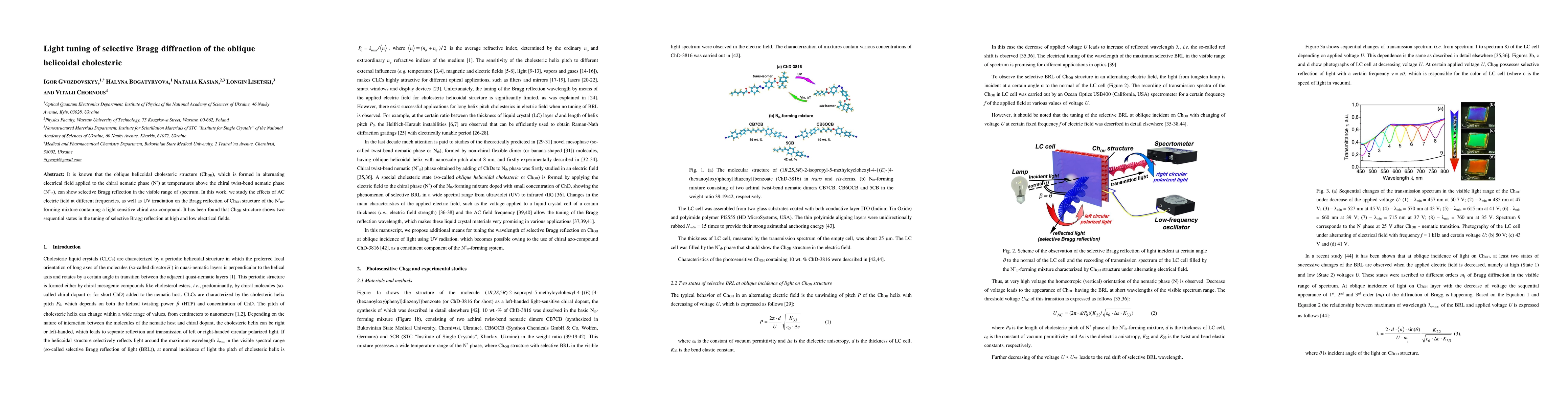 Thumbnail for Light tuning of selective Bragg diffraction of the oblique helicoidal
  cholesteric