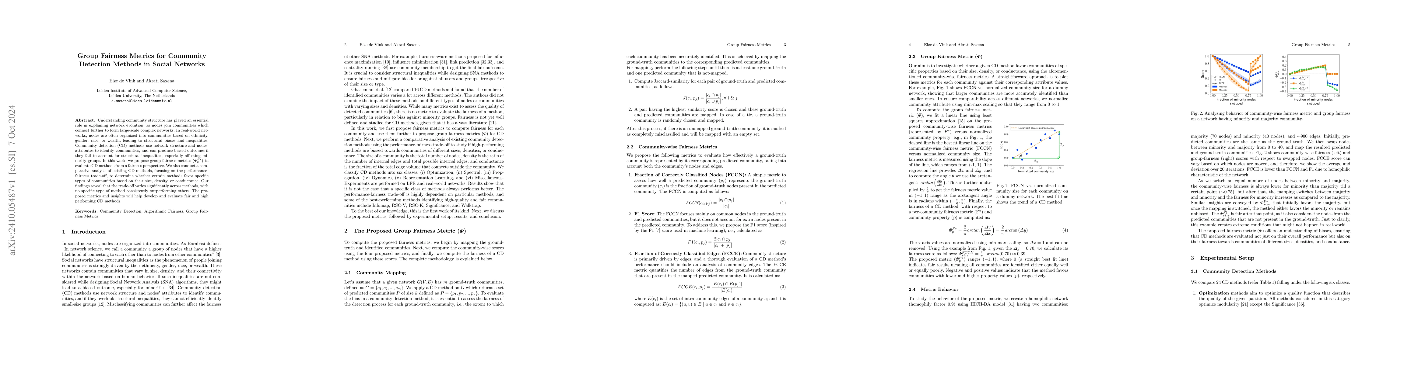 Thumbnail for Group Fairness Metrics for Community Detection Methods in Social
  Networks