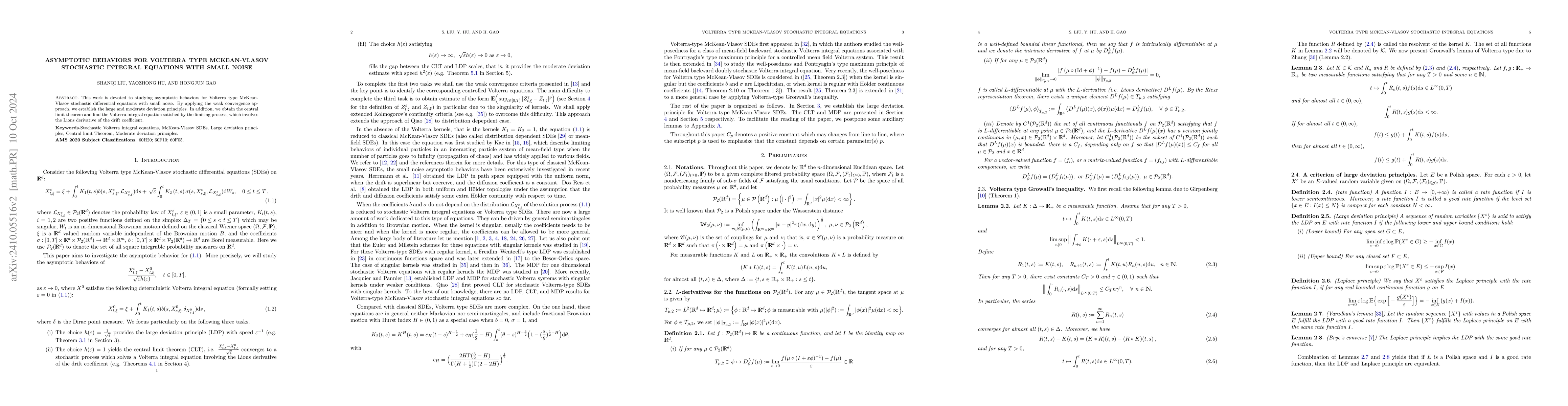 Thumbnail for Asymptotic behaviors for Volterra type McKean-Vlasov stochastic integral
  equations with small noise