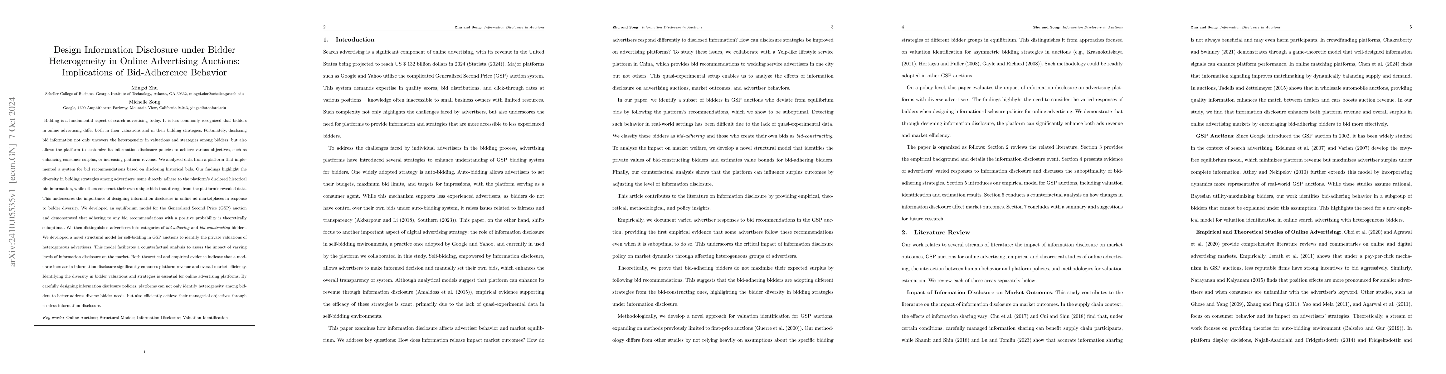 Thumbnail for Design Information Disclosure under Bidder Heterogeneity in Online
  Advertising Auctions: Implications of Bid-Adherence Behavior