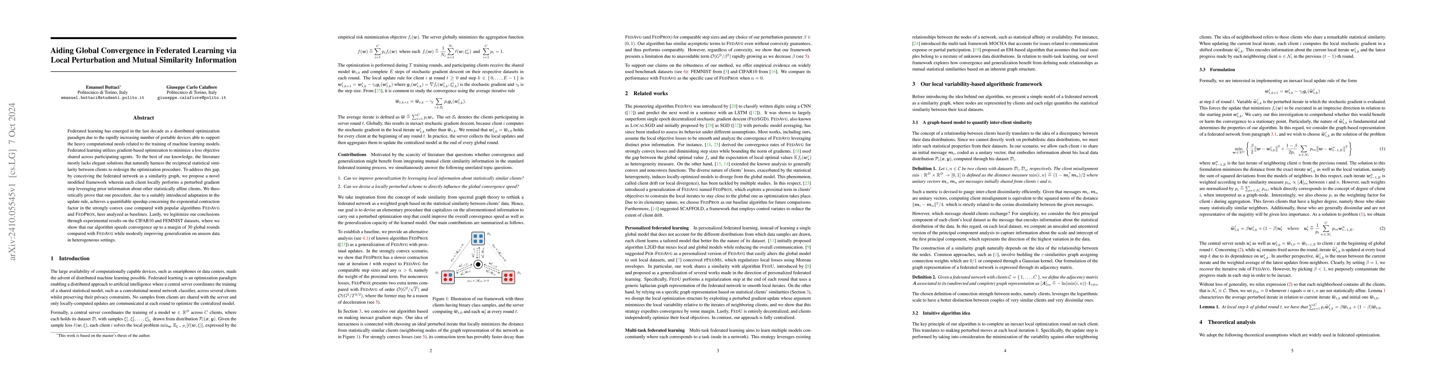 Thumbnail for Aiding Global Convergence in Federated Learning via Local Perturbation
  and Mutual Similarity Information