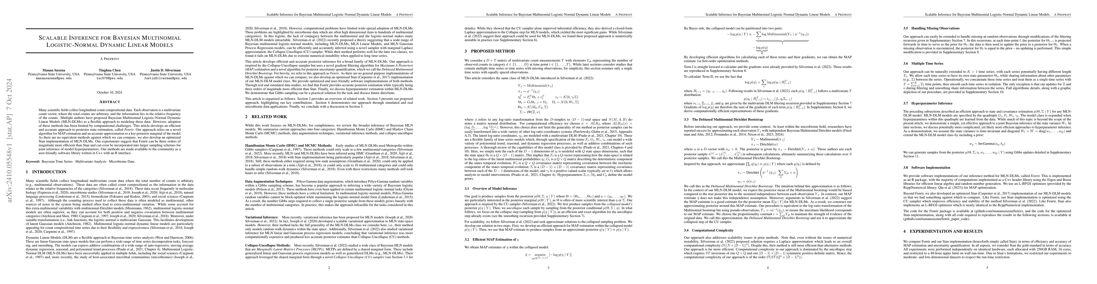 Thumbnail for Scalable Inference for Bayesian Multinomial Logistic-Normal Dynamic
  Linear Models
