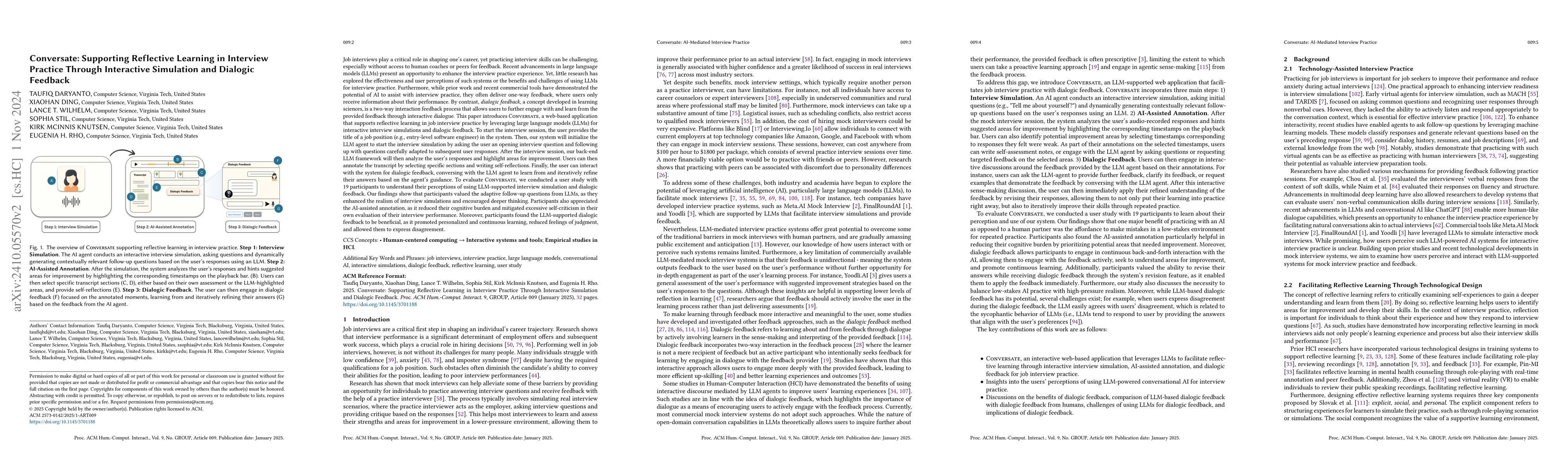 Thumbnail for Conversate: Supporting Reflective Learning in Interview Practice Through
  Interactive Simulation and Dialogic Feedback