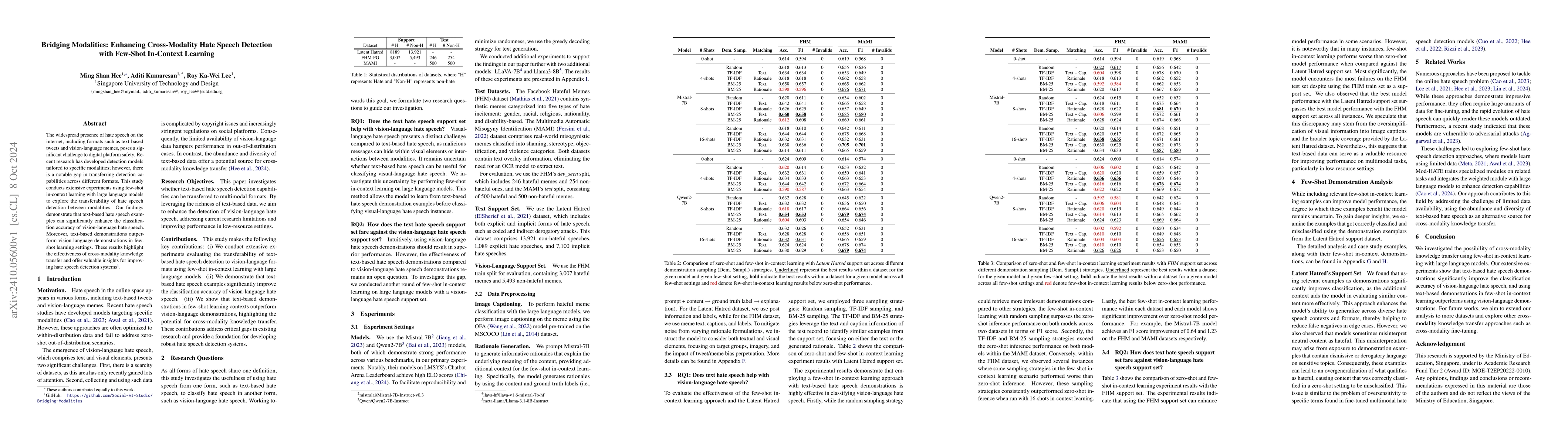 Thumbnail for Bridging Modalities: Enhancing Cross-Modality Hate Speech Detection with
  Few-Shot In-Context Learning
