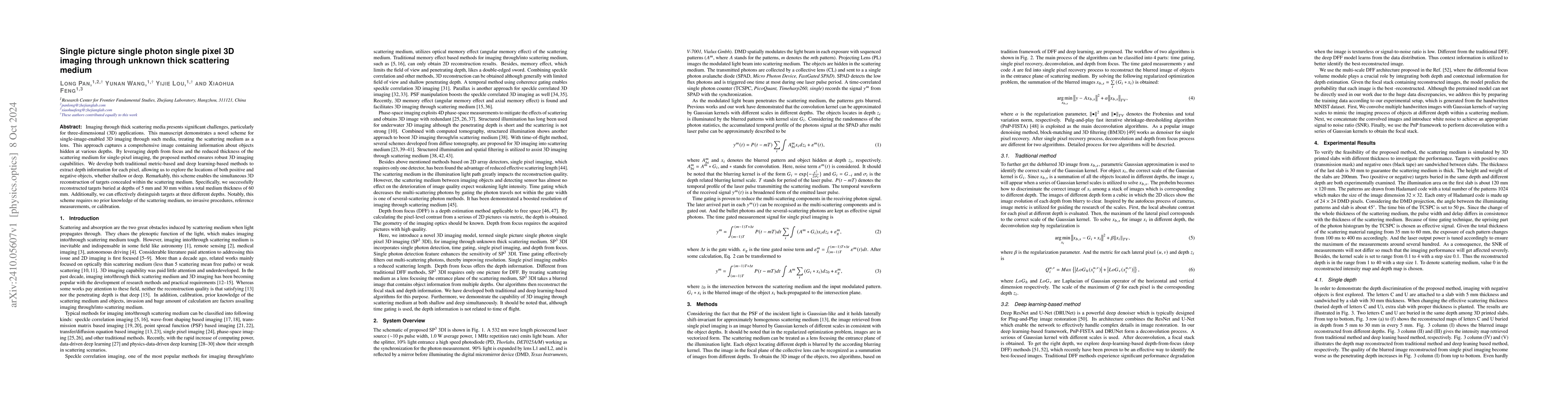 Thumbnail for Single picture single photon single pixel 3D imaging through unknown
  thick scattering medium