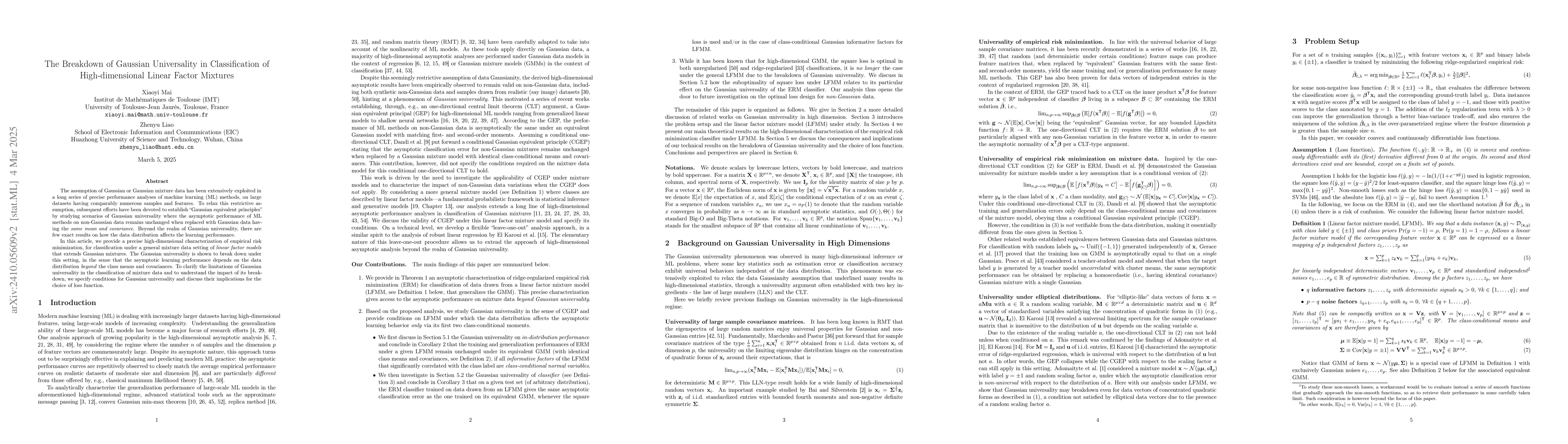 Thumbnail for The Breakdown of Gaussian Universality in Classification of
  High-dimensional Mixtures