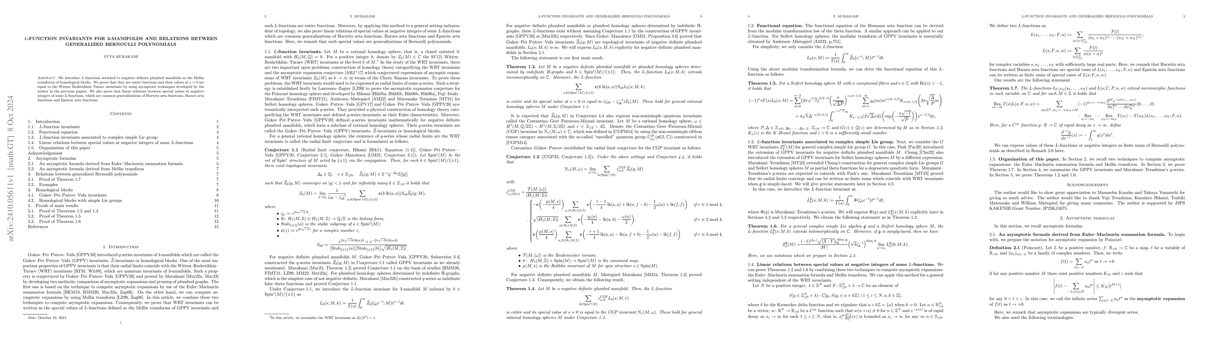 Thumbnail for $L$-function invariants for 3-manifolds and relations between
  generalized Bernoulli polynomials