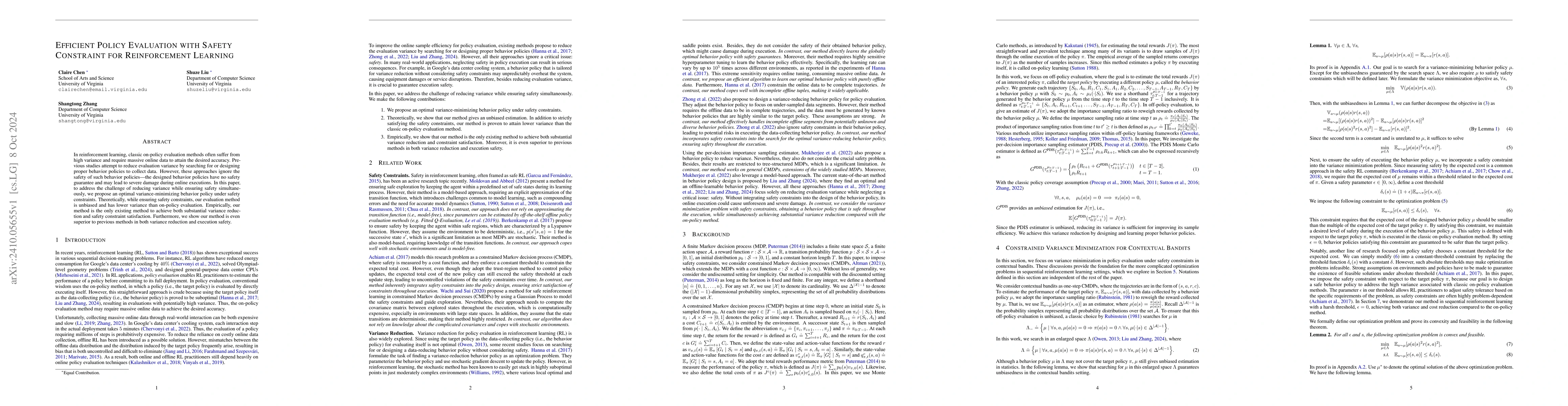 Thumbnail for Efficient Policy Evaluation with Safety Constraint for Reinforcement
  Learning