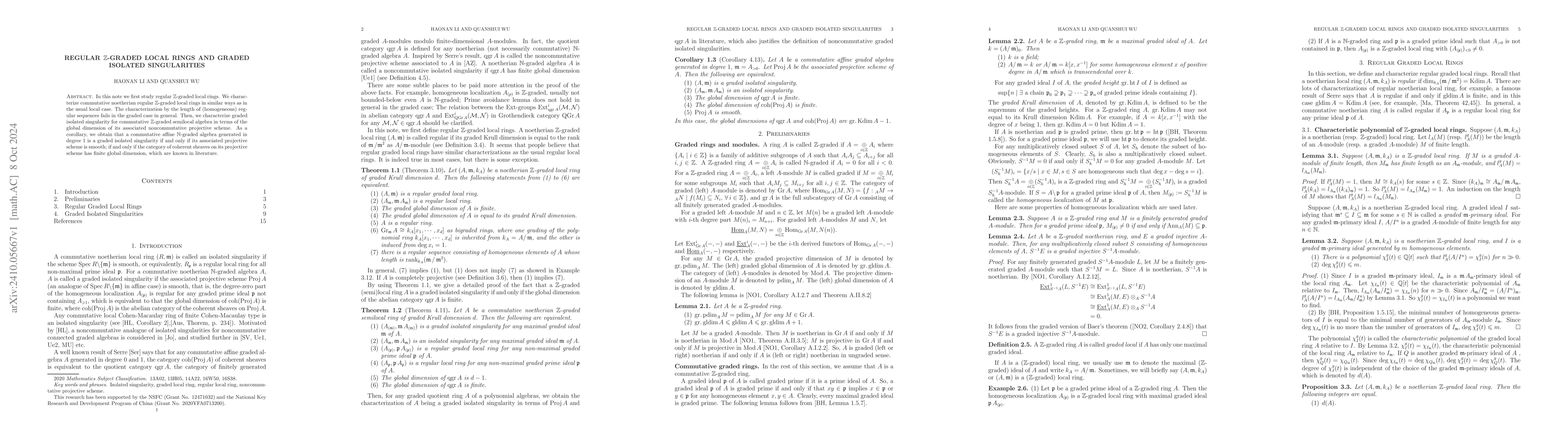 Thumbnail for Regular $\mathbb{Z}$-graded local rings and Graded Isolated
  Singularities