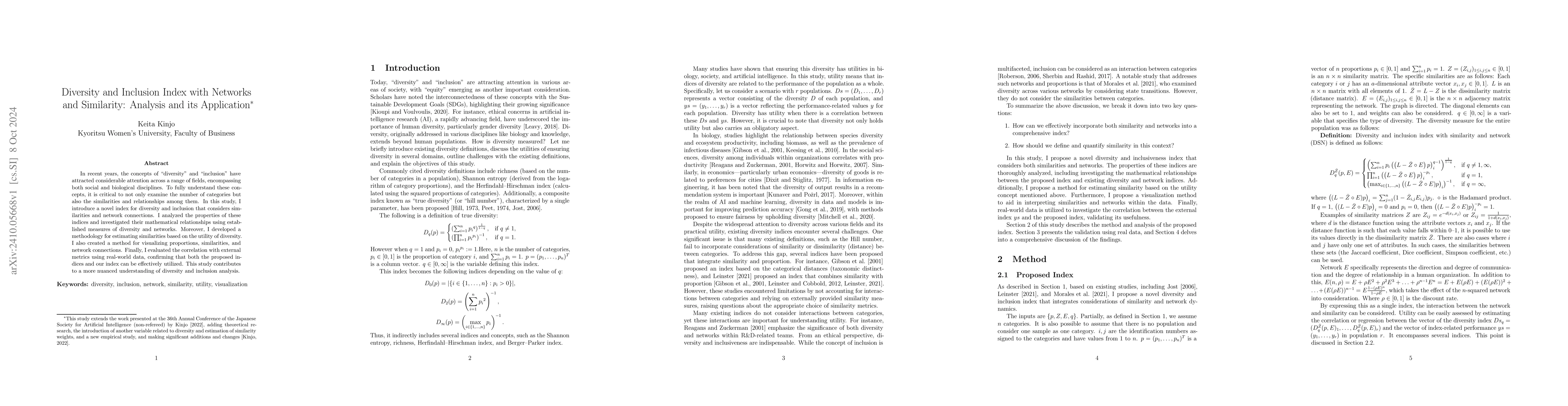 Thumbnail for Diversity and Inclusion Index with Networks and Similarity: Analysis and
  its Application