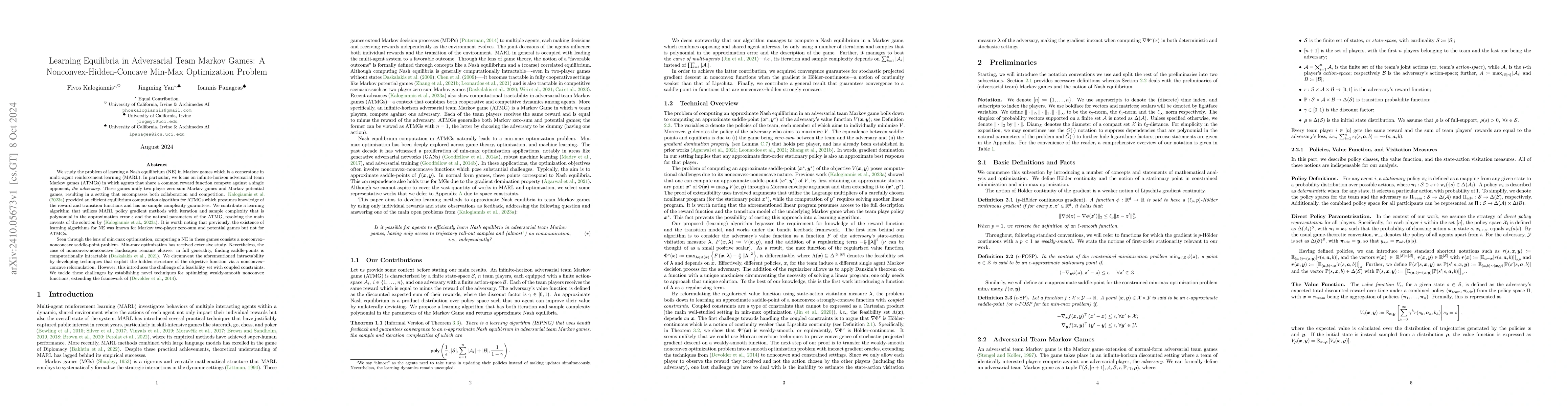 Thumbnail for Learning Equilibria in Adversarial Team Markov Games: A
  Nonconvex-Hidden-Concave Min-Max Optimization Problem