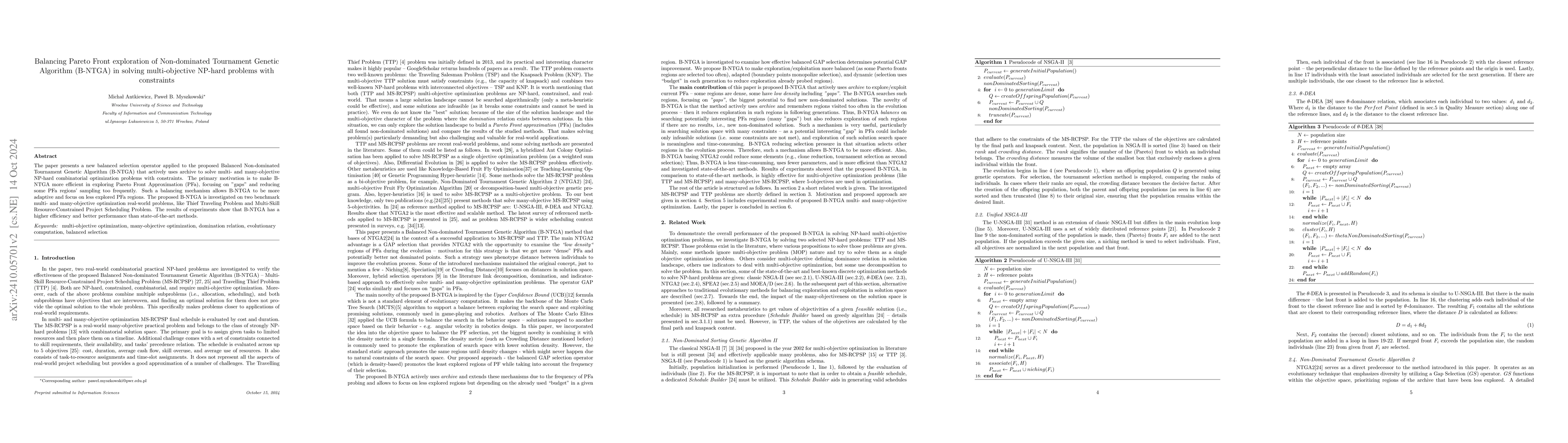 Thumbnail for Balancing Pareto Front exploration of Non-dominated Tournament Genetic
  Algorithm (B-NTGA) in solving multi-objective NP-hard problems with
  constraints