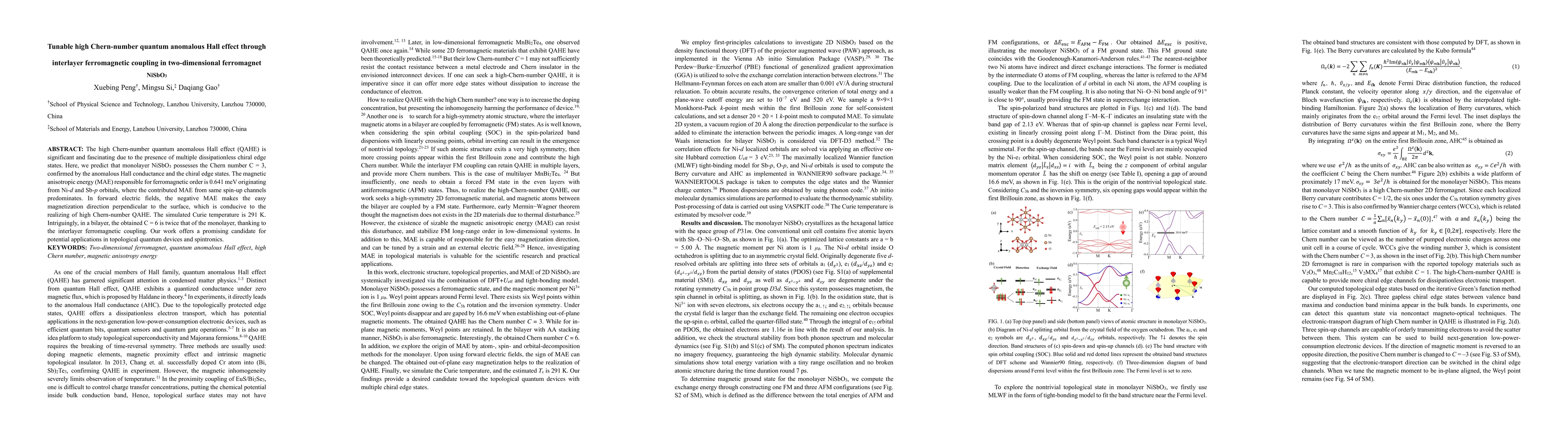 Thumbnail for Tunable high Chern-number quantum anomalous Hall effect through
  interlayer ferromagnetic coupling in two-dimensional ferromagnet NiSbO3