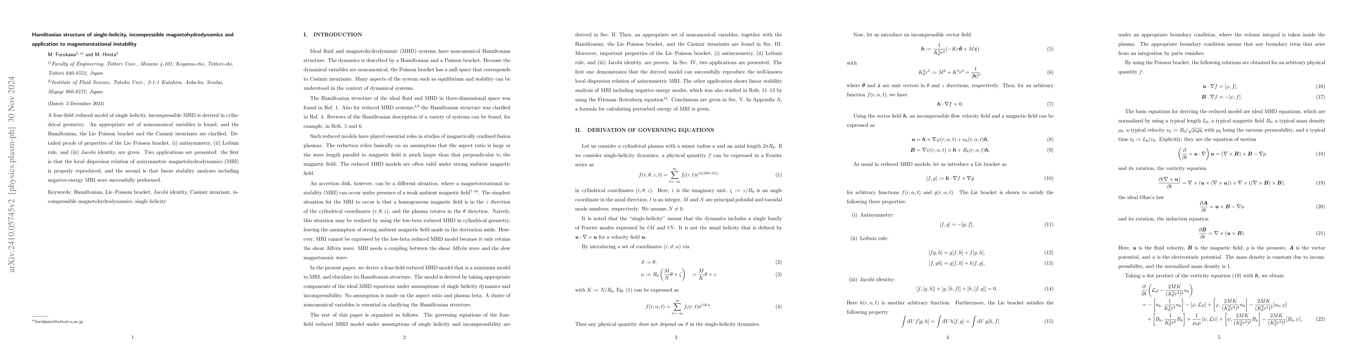 Thumbnail for Hamiltonian structure of single-helicity, incompressible
  magnetohydrodynamics and application to magnetorotational instability