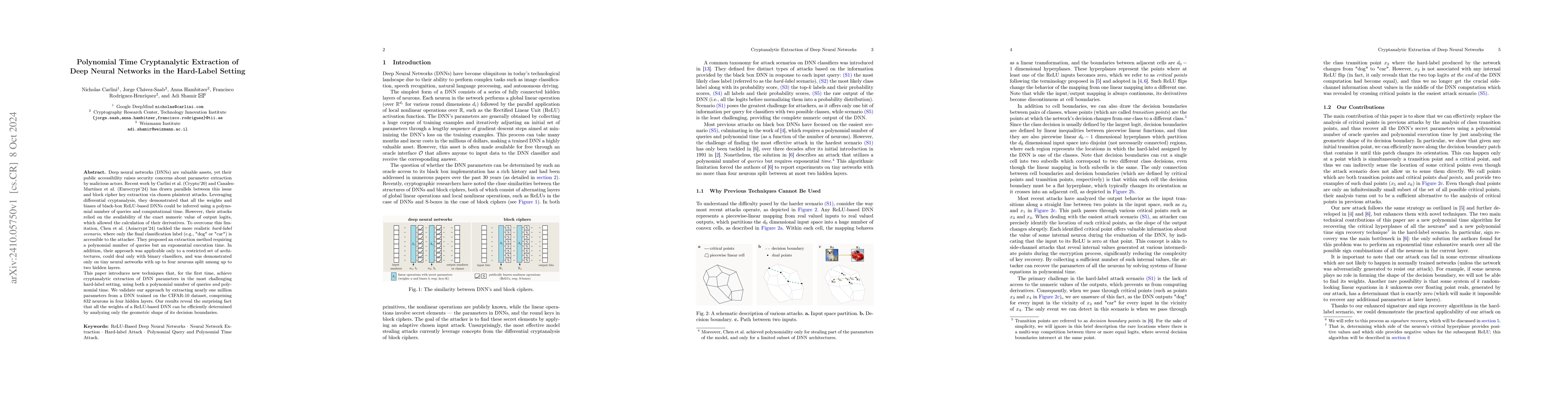 Thumbnail for Polynomial Time Cryptanalytic Extraction of Deep Neural Networks in the
  Hard-Label Setting