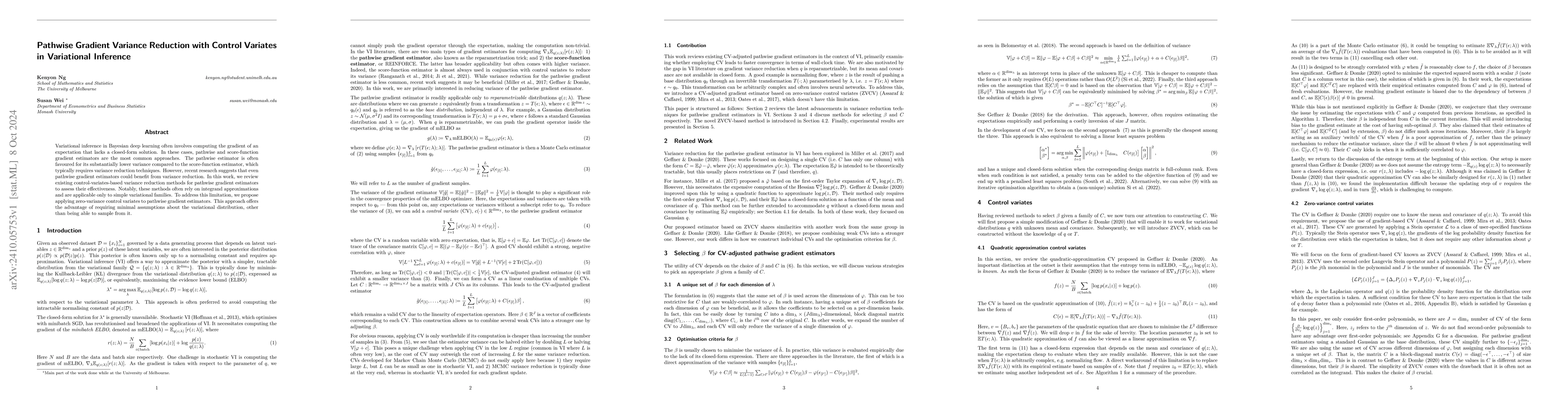 Thumbnail for Pathwise Gradient Variance Reduction with Control Variates in
  Variational Inference