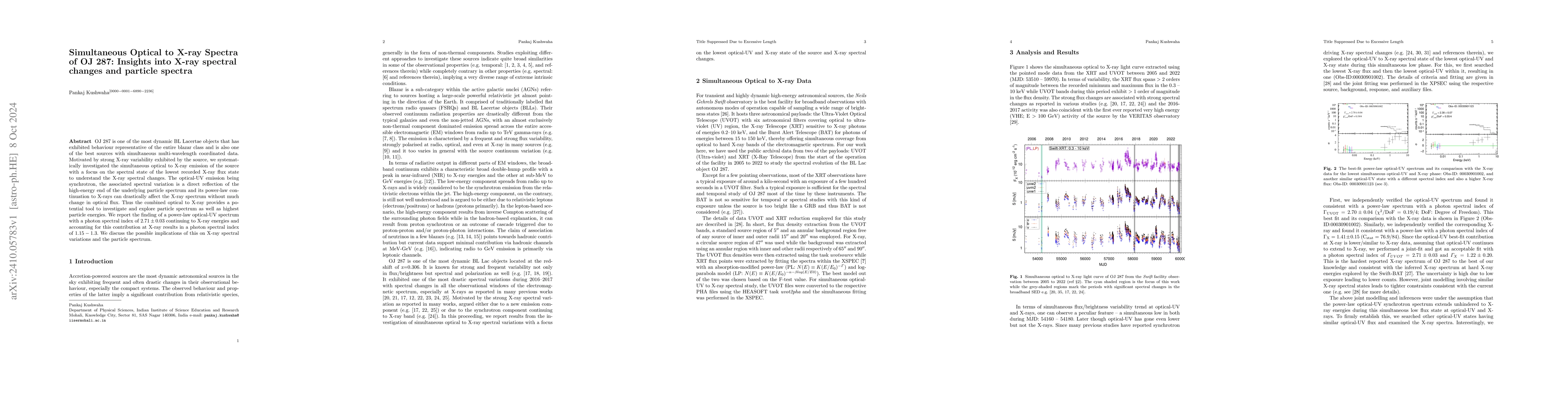 Thumbnail for Simultaneous Optical to X-ray Spectra of OJ 287: Insights into X-ray
  spectral changes and particle spectra