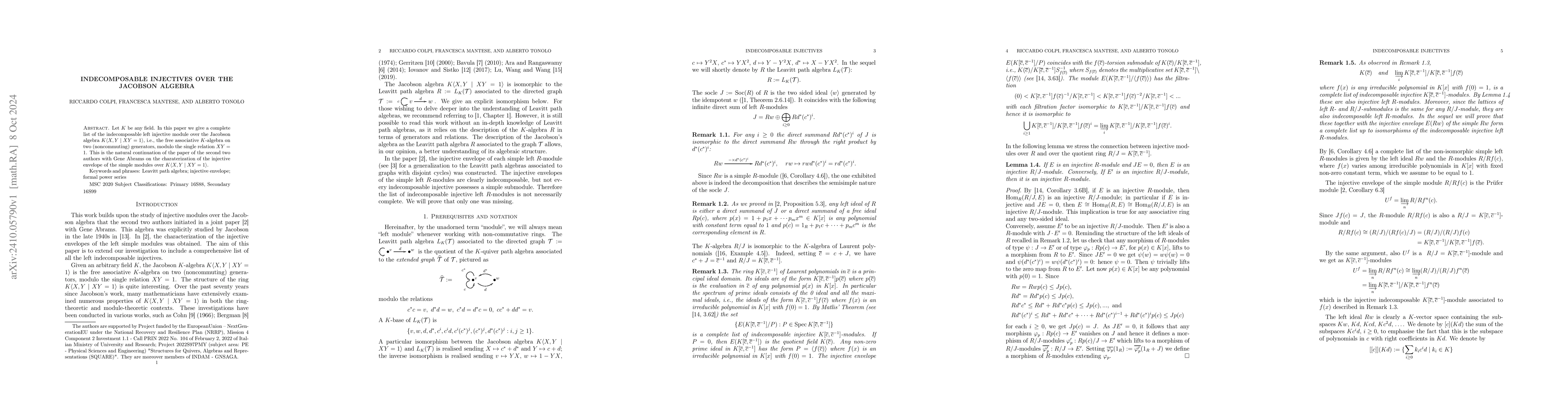 Thumbnail for Indecomposable Injectives over the Jacobson Algebra