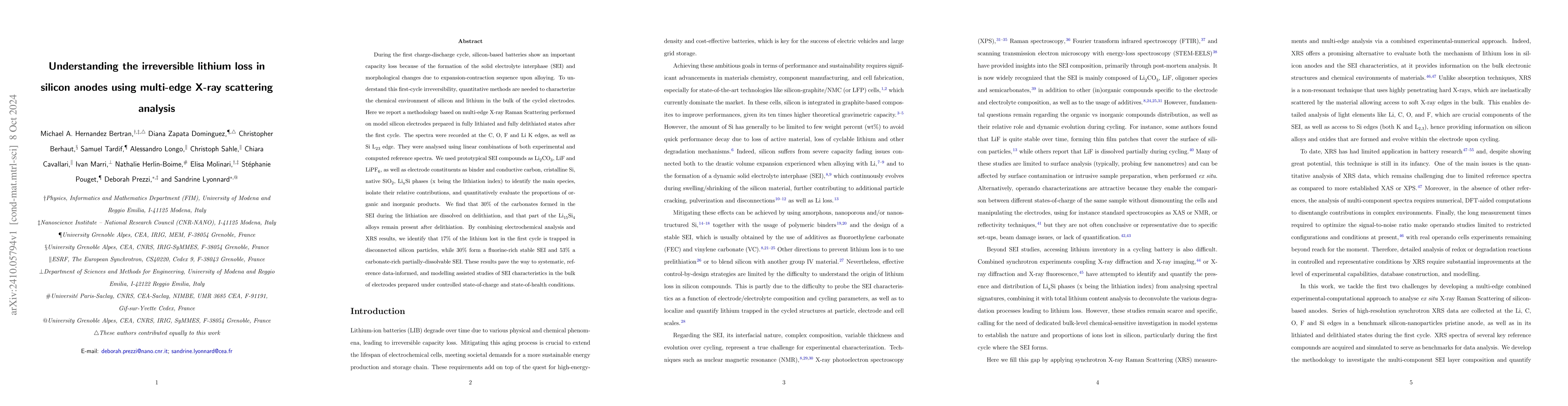 Thumbnail for Understanding the irreversible lithium loss in silicon anodes using
  multi-edge X-ray scattering analysis