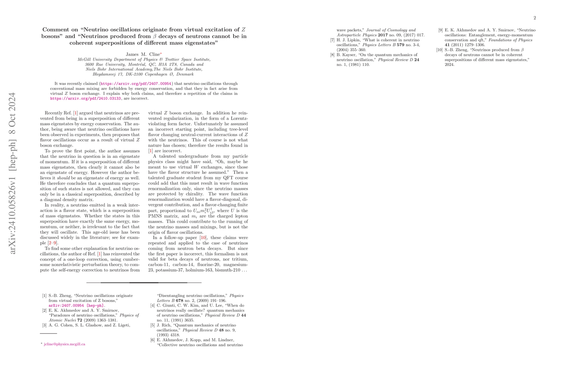 Thumbnail for Comment on "Neutrino oscillations originate from virtual excitation of
  $Z$ bosons" and "Neutrinos produced from $β$ decays of neutrons cannot be
  in coherent superpositions of different mass eigenstates"